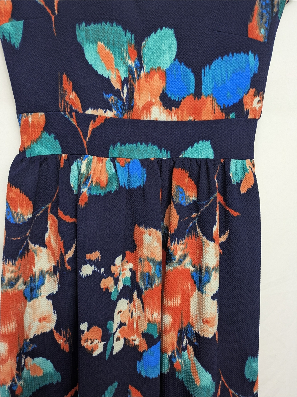 Three Hearts Navy Floral V-Neck Midi Dress with Teal & Coral Accents - Picture 4 of 7